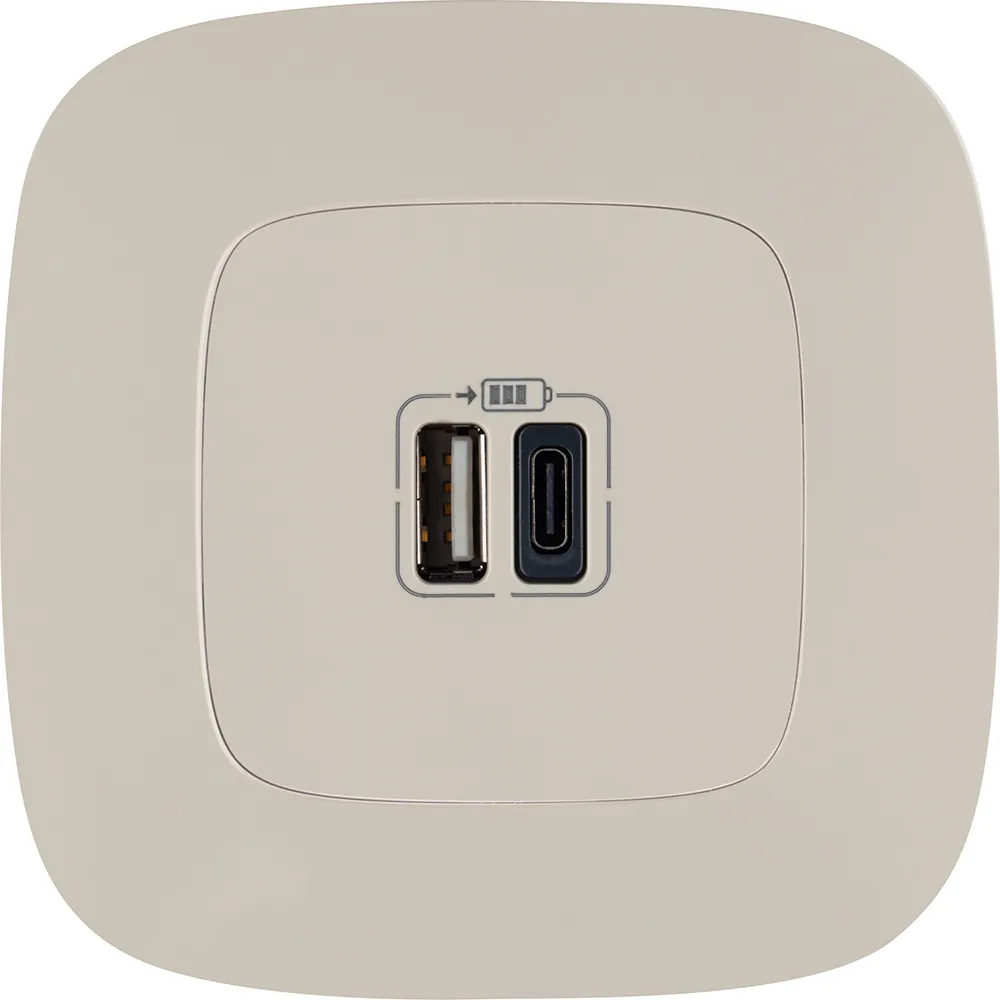 Valena ALLURE.Зарядное устройство с двумя USB-разьемами тип А-тип С 240В/5В 3000мА.С лицевой панелью.Цвет Слоновая кость