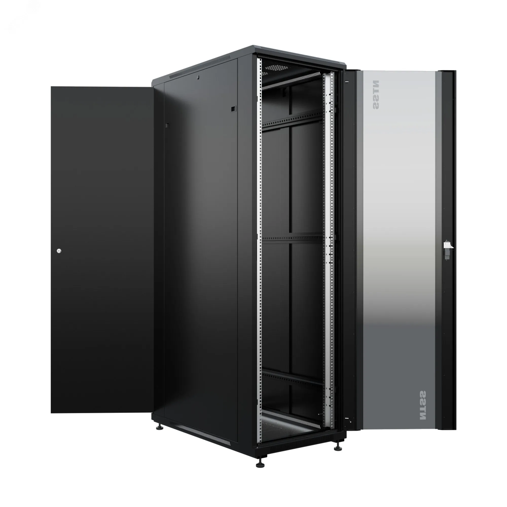 Шкаф напольный универсальный серверный R 47U 800х1000мм, 4 профиля 19, двери стекло и сплошная металл, боковые стенки съемные, регулируемые опоры, разобранный, черный RAL 9005