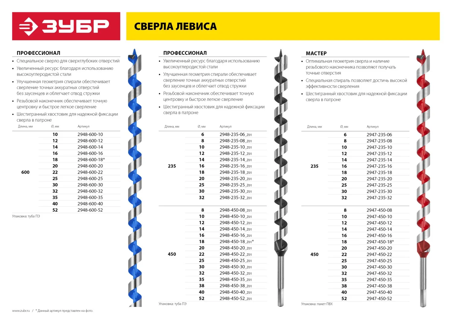 Сверло левиса по дереву 10x450/360мм, шестигранный хвостовик