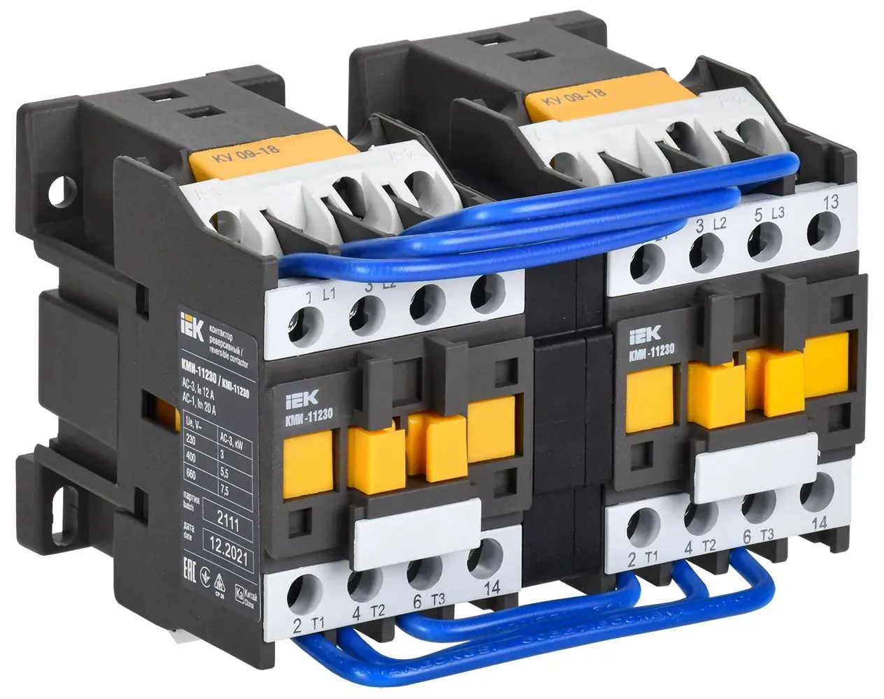 Контактор КМИ-11230 реверс 12А 400В/АС3 2НО Iek kkm13-012-400-20-1