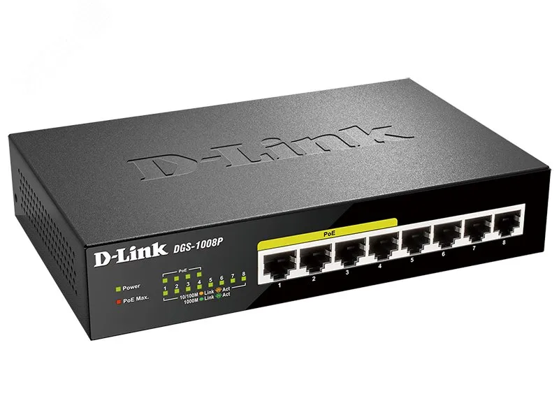 Коммутатор неуправляемый 8 портов RJ45 10 100 1000 Мб/с PoE 80Вт d-link 128358
