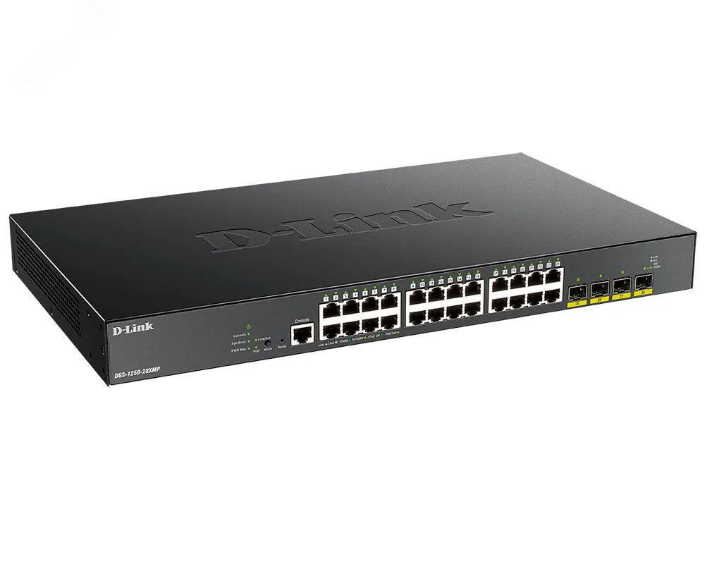 Коммутатор управляемый L2 24 порта RJ45/SFP 10 100 1000 Мб/с PoE 370Вт d-link 124923