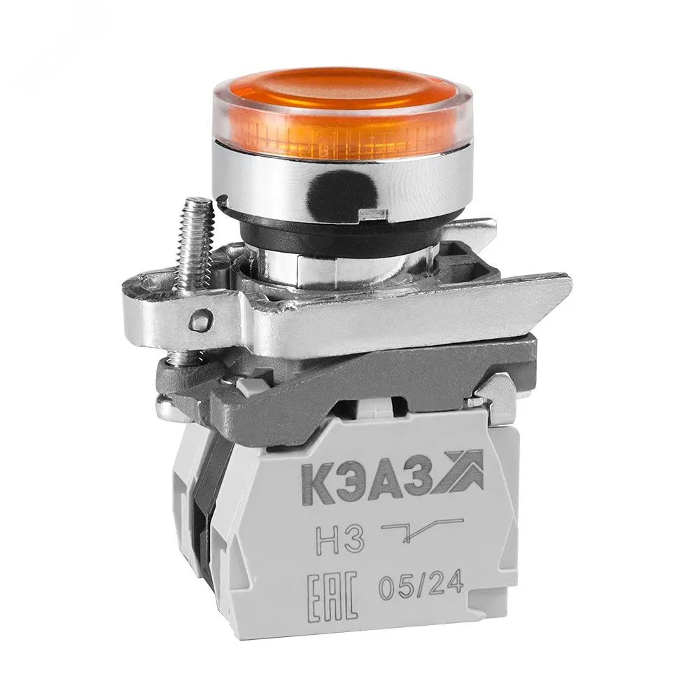 Кнопка КМЕ4511мЛС-24В-желтый-1но+1нз-цилиндр-индикатор-IP54-КЭАЗ