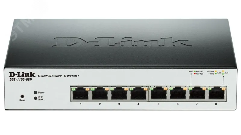 Коммутатор настраиваемыйL2 8 портов RJ45/SFP 10 100 1000 Мб/с PoE 80Вт d-link 128482