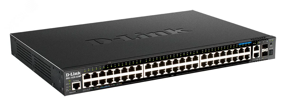 Коммутатор управляемый L3 PoE 52 портов 10/100/1000 Мб/с, 2хSFP+, 48хPoE 370 Вт d-link dgs-1520-52mp/a1a