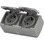 Розетка Intro Atlantic 5-204-03 двойная с заземлением 2х2P+E Schuko шторки, 16А-250В, IP54, открытой установки, серый ЭРА Б0051061