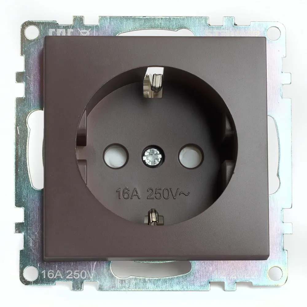 Розетка одноместная с защитной шторкой с/з (механизм), 250В, 16А, серия Катрин, шоколад Stekker FERON 49028