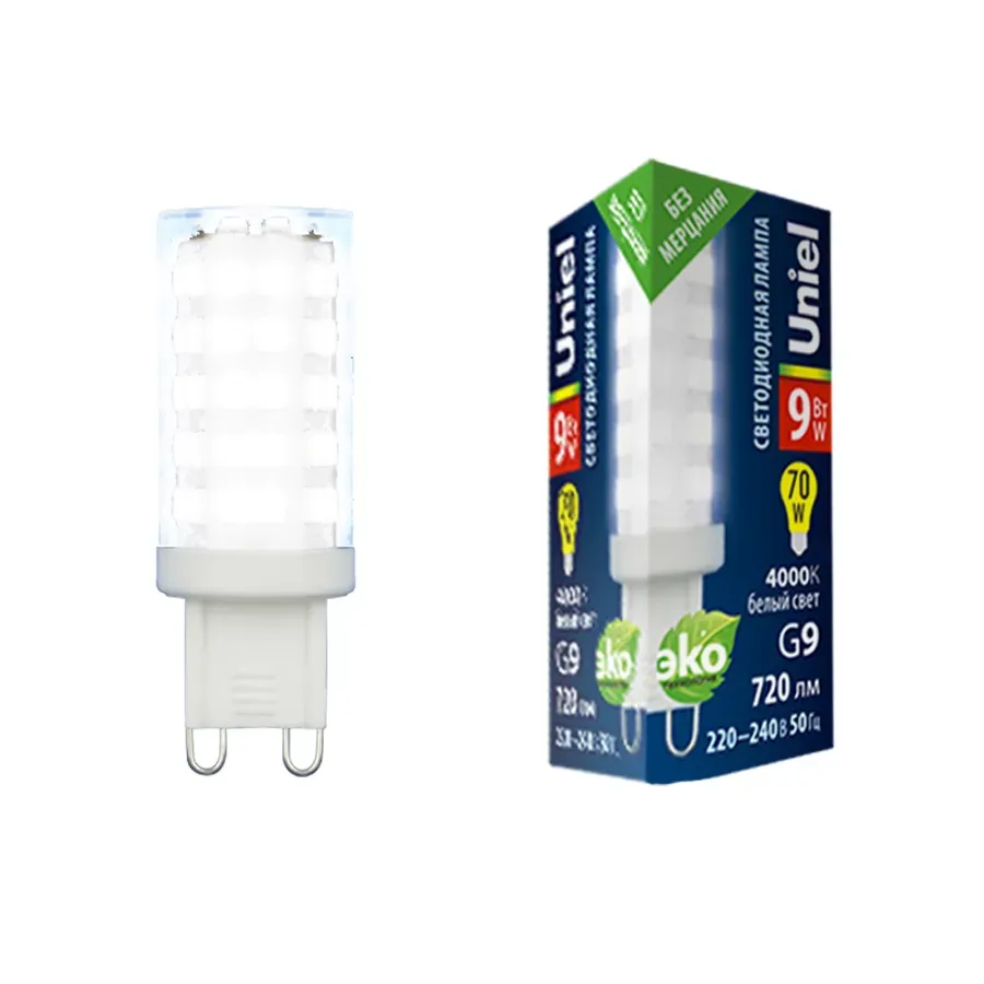 Лампа светодиодная прозрачная Белый свет 4000К LED-JCD-9W-4000K-G9-CL GLZ09TR Uniel UL-00006489