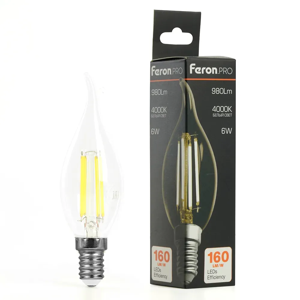 Лампа светодиодная LED 6вт Е14 белый свеча на ветру FILAMENT Feron.PRO
