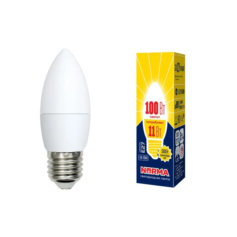 Лампа светодиодная LED-C37-11W/WW/E27/FR/NR Форма свеча, матовая. Серия Norma. Теплый белый свет (3000K). Картон. ТМ Volpe UNIEL UL-00003815