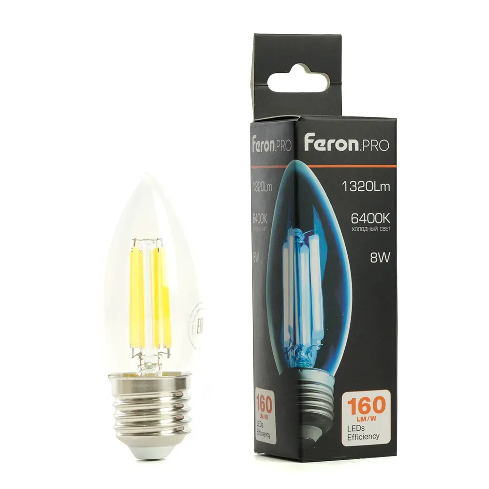 Лампа светодиодная LED 8вт Е27 дневной свеча FILAMENT Feron.PRO