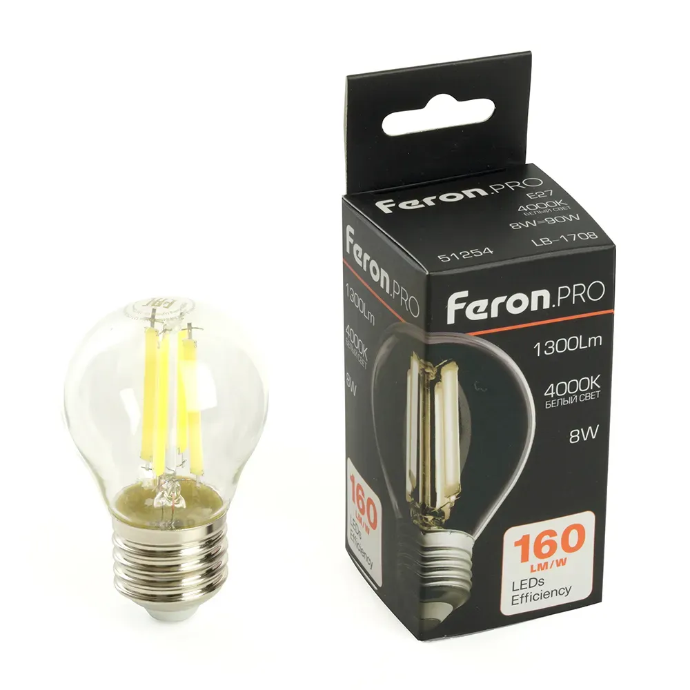 Лампа светодиодная led 8вт е27 белый шар filament feron.pro STEKKER 51254
