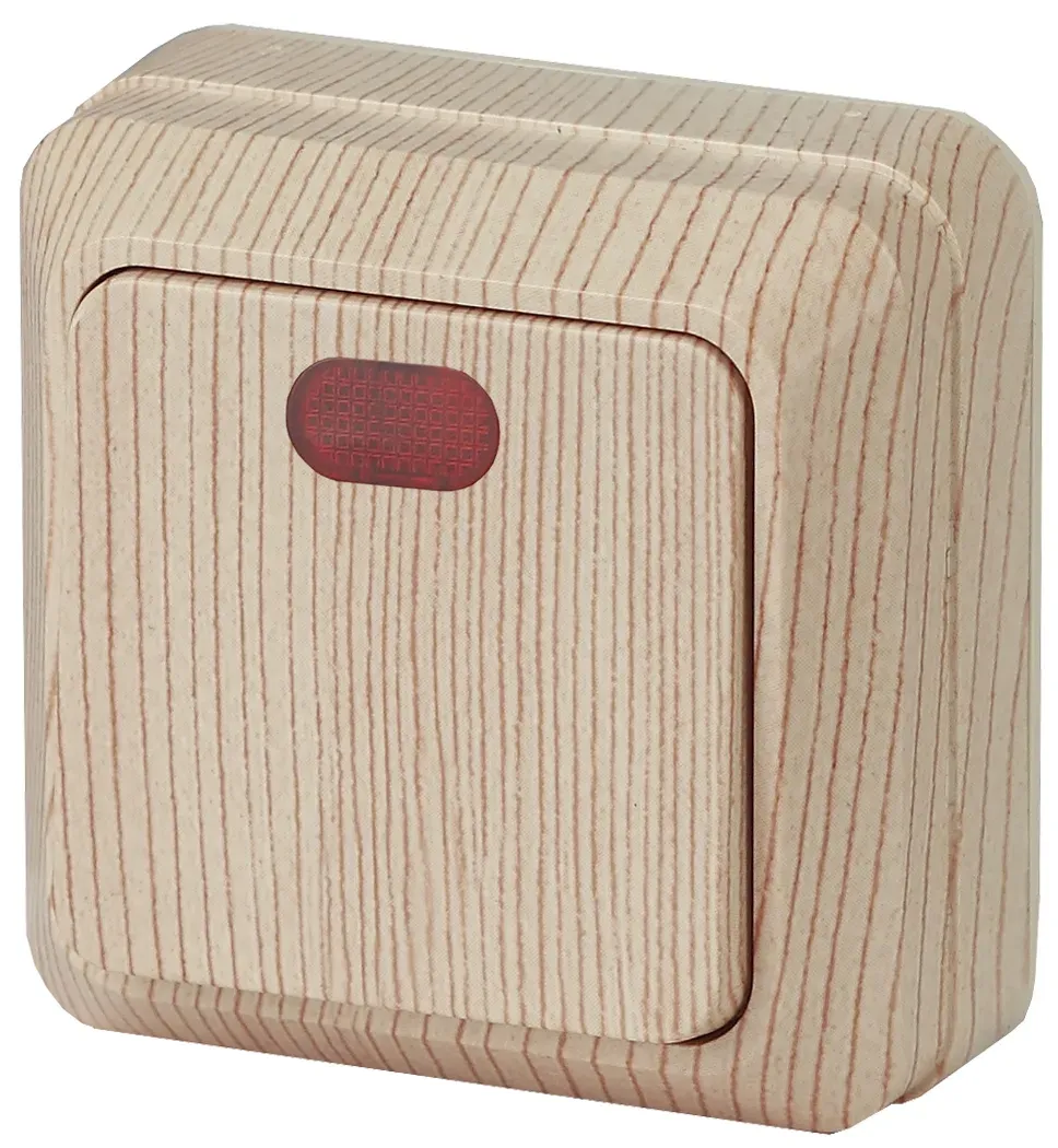 Выключатель Intro Quadro 2-102-11 одноклавишный с подсветкой, 10А-250В, IP20, ОУ, сосна ЭРА Б0053747