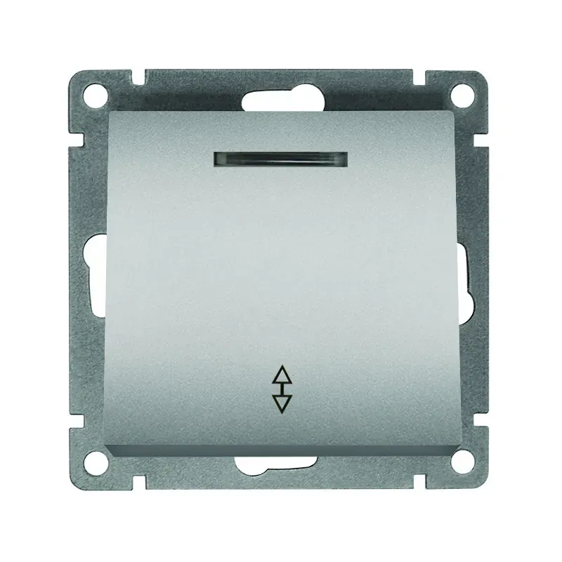 Выключатель проходной одноклавишный с подсветкой серия Афина , с/у, 10А, 220В, серебро (еврослот) Универсал A0125-S