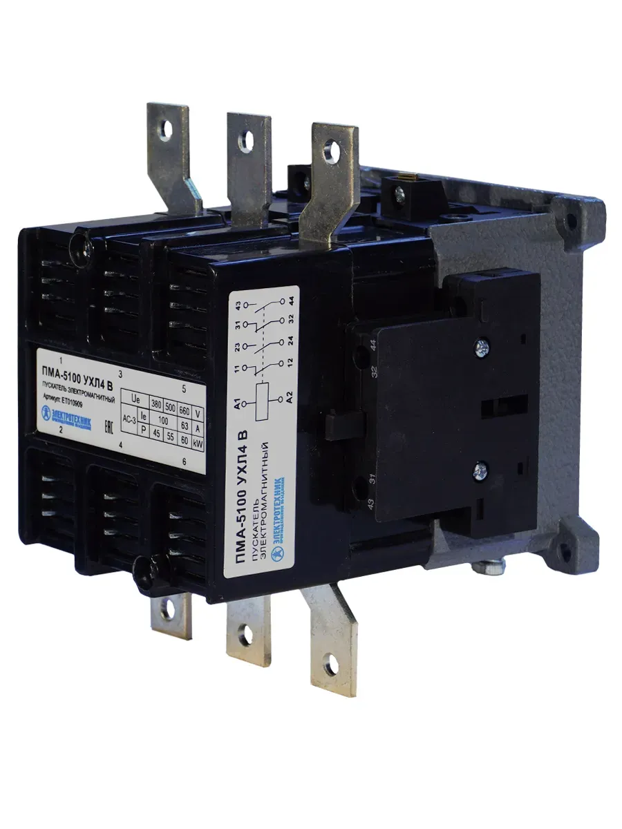 Пускатель электромагнитный ПМА-5100 УХЛ4 В, 380В, 2з+2р, 100А, нереверсивный, без реле, IP00 Электротехник ET010909