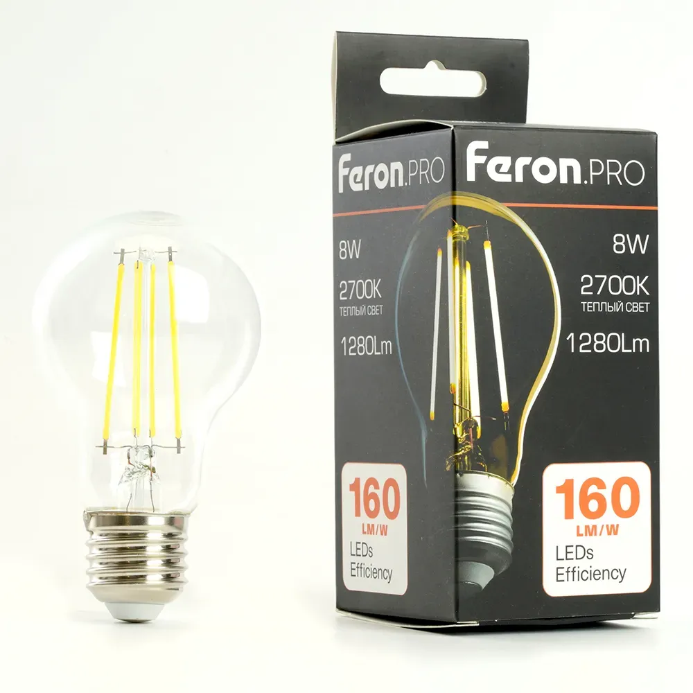 Лампа светодиодная LED 8вт Е27 теплый FILAMENT Feron.PRO