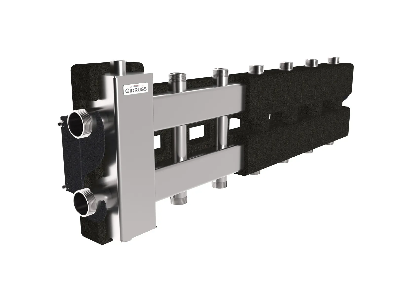 Коллектор с гидрострелкой BMSS-80-7DU.EPP на 6 контуров G 1', 1 боковой контур G 1 1/4' с термоизоляцией, до 80 кВт, зеркально-матовая полировка, нерж сталь Gidruss BM 80A7T 22