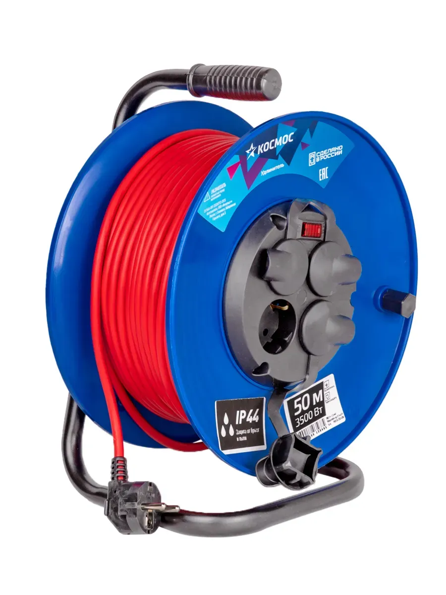 Удлинитель КОСМОС катушка 16А 4 гн ПВС 3*1,5 50м IP44 с заземлением КОСМОС YKKsm50m-4g-Z(16A)IP