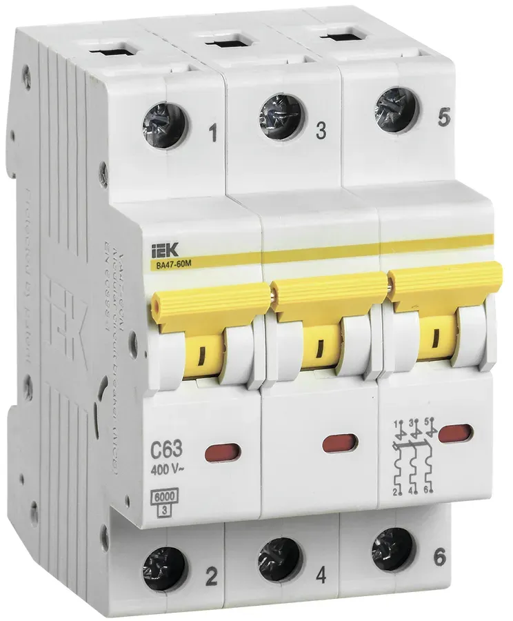 Выключатель автоматический ва47-60m 3р 63а 6ка с IEK MVA31-3-063-C