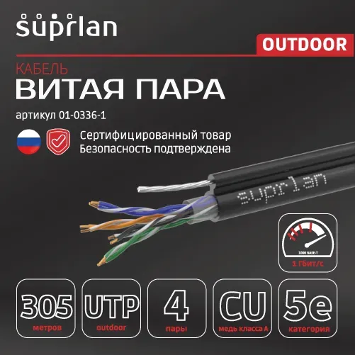 Витая пара SUPRLAN Median UTP 5e 4x2xAWG24 Cu PE Out. T-FG8 (трос) 305м (RUS)