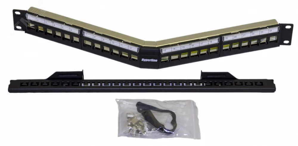 Hyperline PPBL4A-19-24-SH-RM Модульная патч-панель 19, 24 порта, угловая, 1U, для экранированных и неэкранированных модулей Keystone Jack, со съемными панелями, с задним кабельным организатором (без модулей)