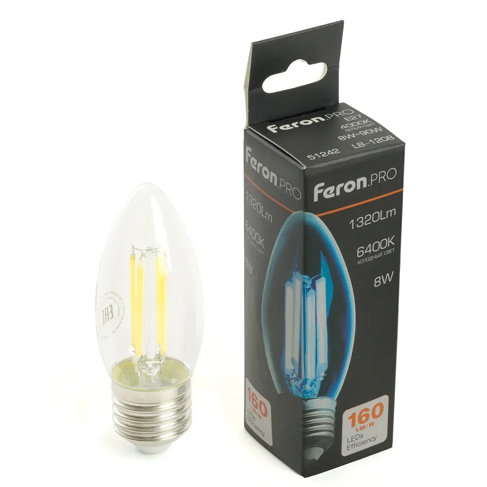 Лампа светодиодная led 8вт е27 дневной свеча filament feron.pro STEKKER 51243