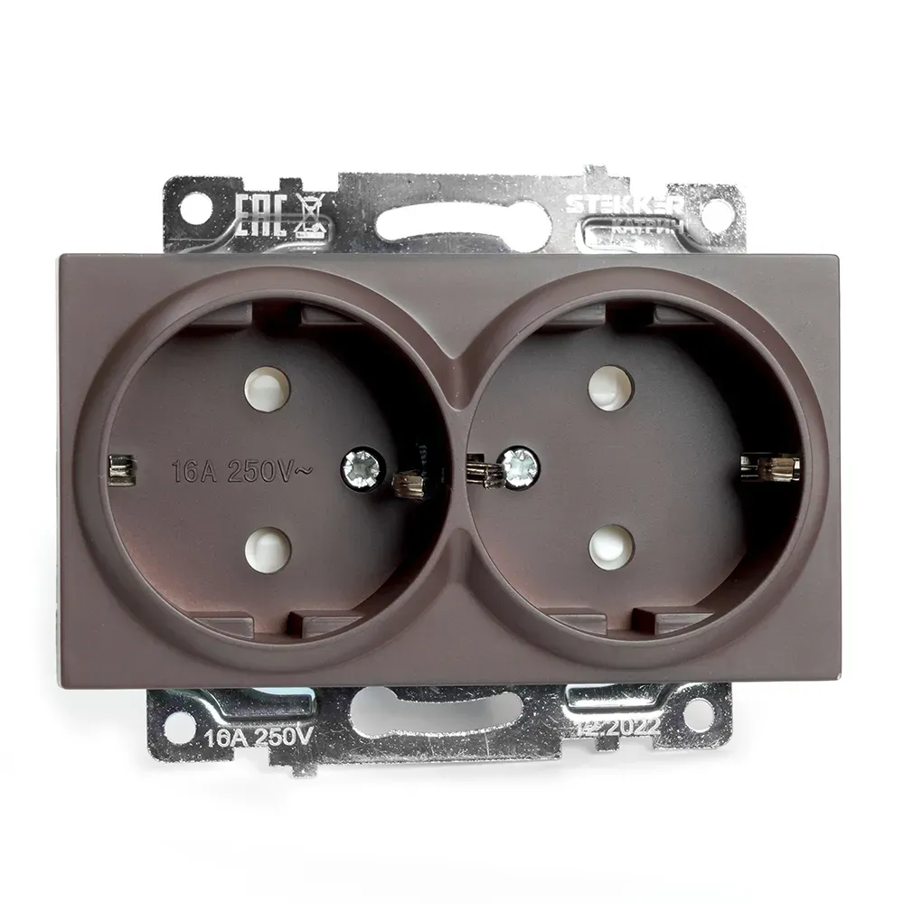 Розетка двухместная с защитной шторкой (механизм) с/з, 250В, 16А, серия Катрин, шоколад Stekker FERON 49030