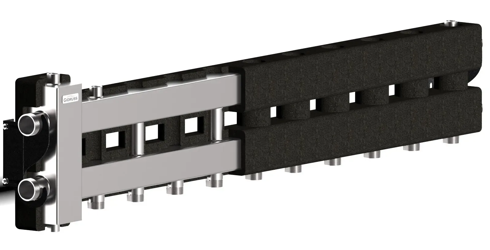 Коллектор с гидрострелкой BMSS-80-6D.EPP на 5 контуров G 1', 1 боковой контур G 1 1/4' с термоизоляцией, до 80 кВт, зеркально-матовая полировка, нерж сталь Gidruss BM 80A6T 23