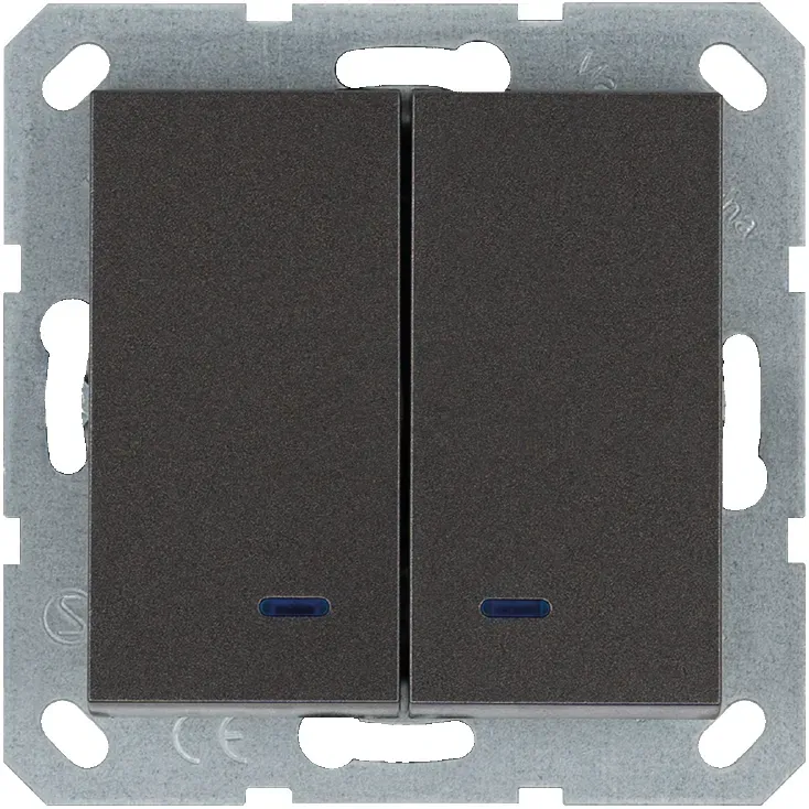 Выключатель двухклавишный со светодиодами 10A 250V~ с накладкой, цвет Мокко Jasmart G3023NZ