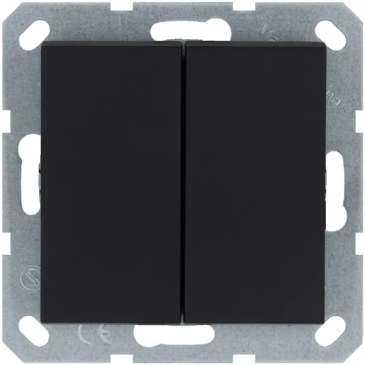 Выключатель двухклавишный проходной 10A 250V~ с накладкой, цвет черный матовый (soft touch) Jasmart G3022PB
