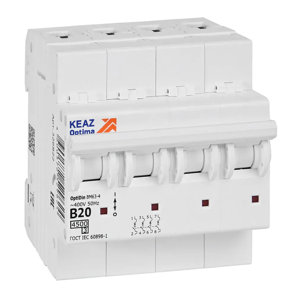Выключатель автоматический четырехполюсный 20а b 4,5ка ac optidin bm63-4b20-4,5-ухл3 КЭАЗ 329529