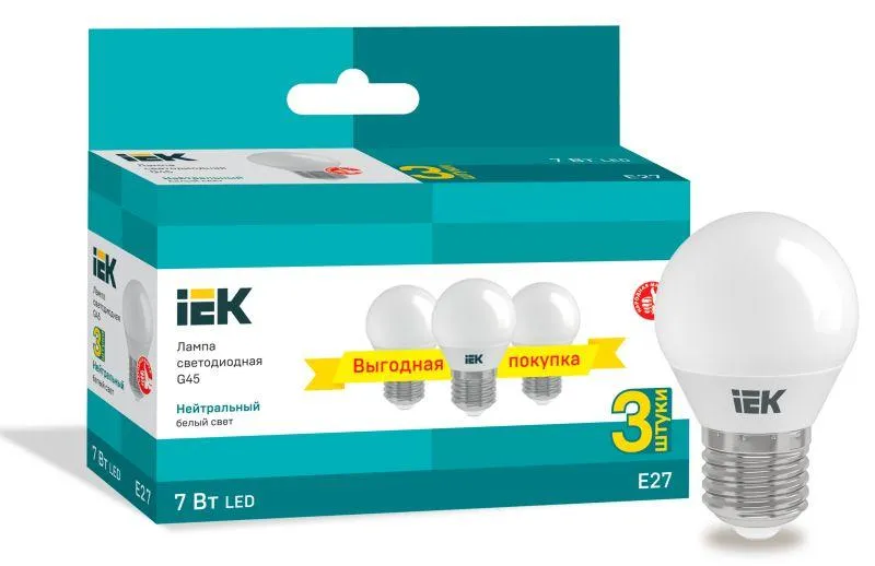 Лампа светодиодная g45 шар 7вт 230в 4000к e27 (3шт/упак) iek IEK LLE-G45-07-230-40-E27-3