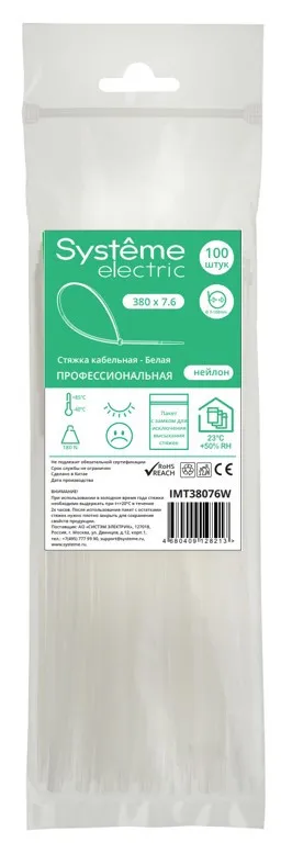 Стяжка кабельная 380х7.6 белая (100шт) DEKRAFT IMT38076W