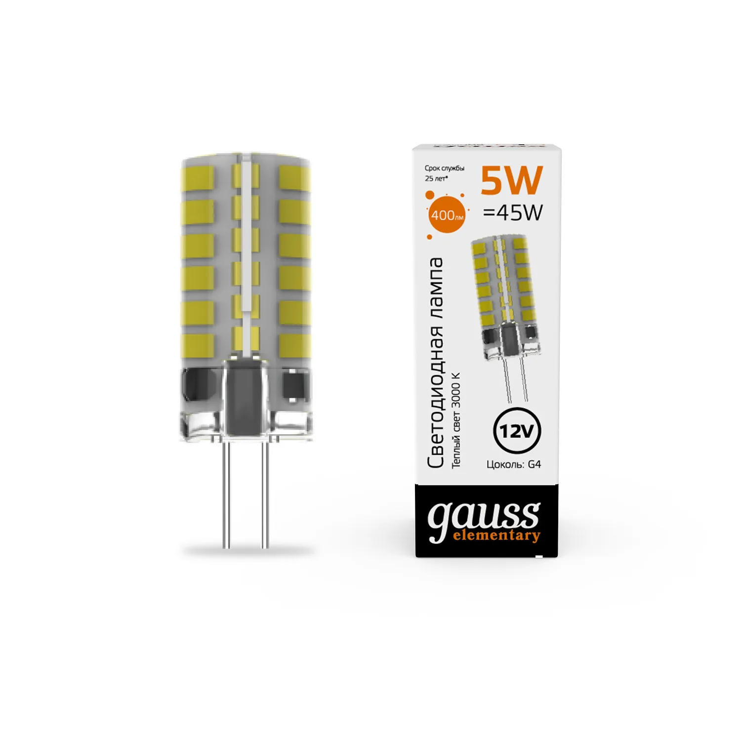 Лампа светодиодная LED 5 Вт 400 лм 3000К DC12В G4 капсула теплая Низковольтная Elementary Gauss Gauss 18715