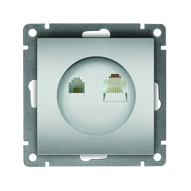 Розетка компьютерная+телефонная серия Афина, с/у, 1А, RJ45, RJ12, серебро (еврослот) Универсал A0052-S