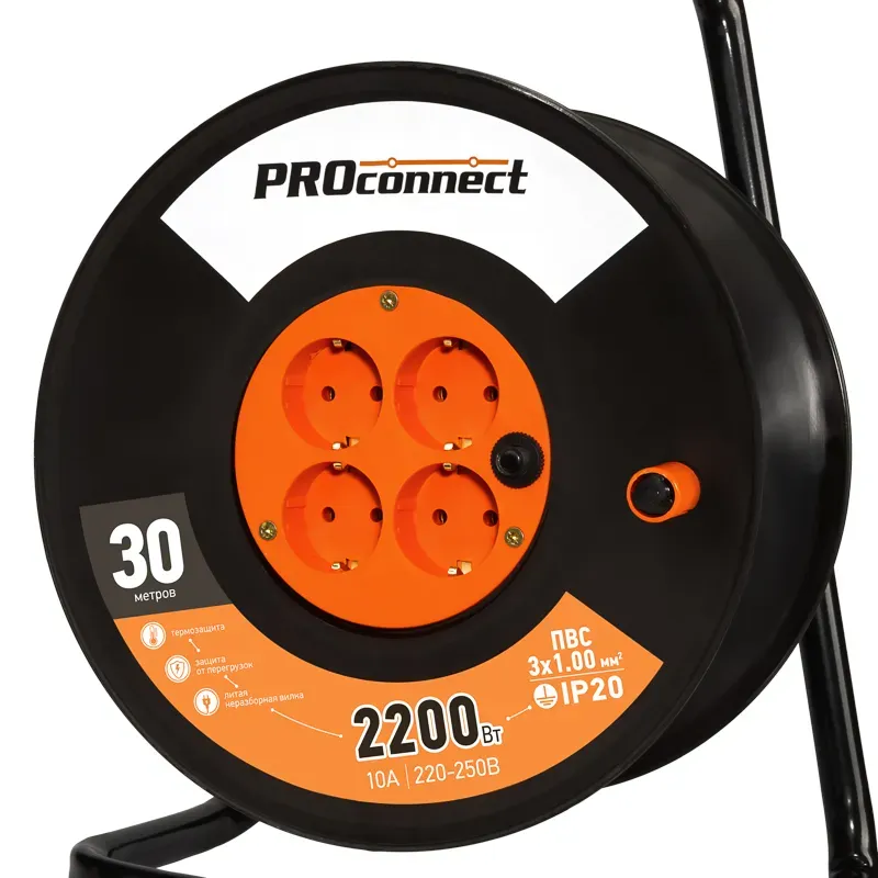 Удлинитель силовой на катушке 4 гнезда с/з 30 м 3х1 мм STANDART PROCONNECT
