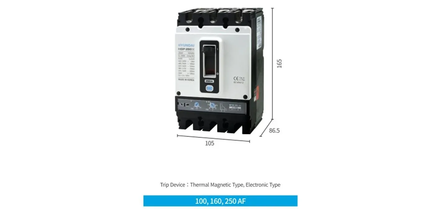 Выключатель автоматический в литом корпусе типа hgp, типоразмера 160 af, арт. hgp160s-g3pt4s0000c00100h (100а, 65ка, 3 полюса, ac, расцепитель mtm-jj, уставка расцепителя 0,7-1хin, переднее подключение) HD HYUNDAI ELECTRIC HGP160S-G3PT4S0000C00100H