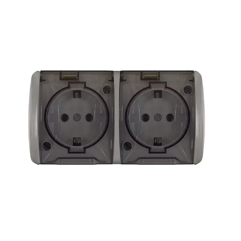 Клио розетка двухместная с прозрачной крышкой Клио, IP54, с/з, о/у, 16А, 220В, серый (еврослот) Универсал К2232-Gr