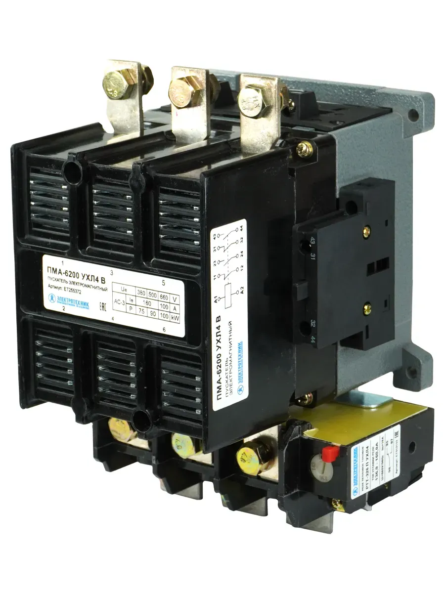 Пускатель электромагнитный ПМА-6200 УХЛ4 В, 380В, 2з+2р, 160А, нереверсивный, с реле РТТ-326 136-160А, IP00 Электротехник ET255372