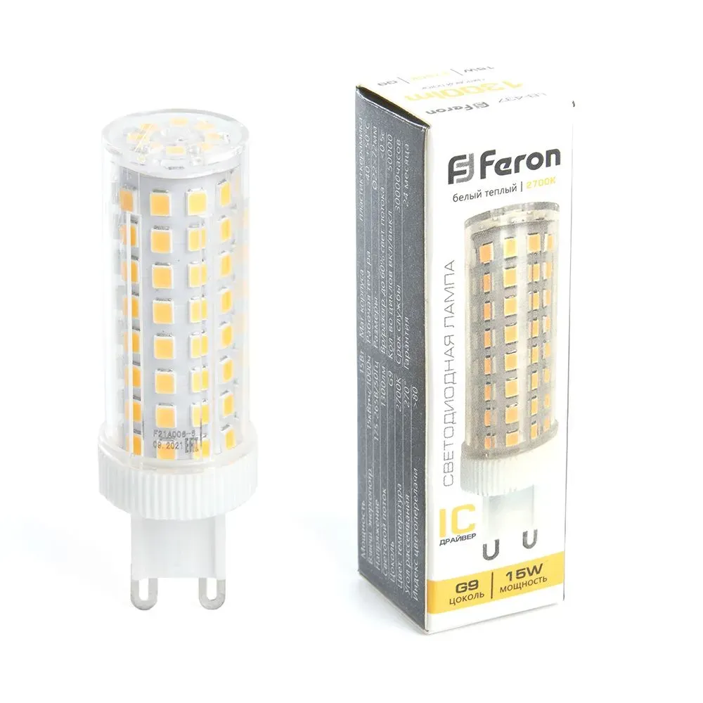 Лампа светодиодная LED 15вт 230в G9 теплый капсульная FERON 38212
