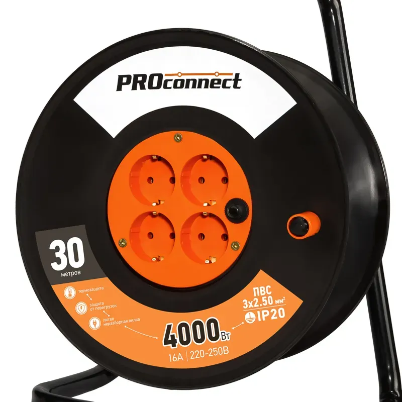 Удлинитель силовой на катушке 4 гнезда с/з 30 м 3х2,5 мм PROFESSIONAL PROCONNECT