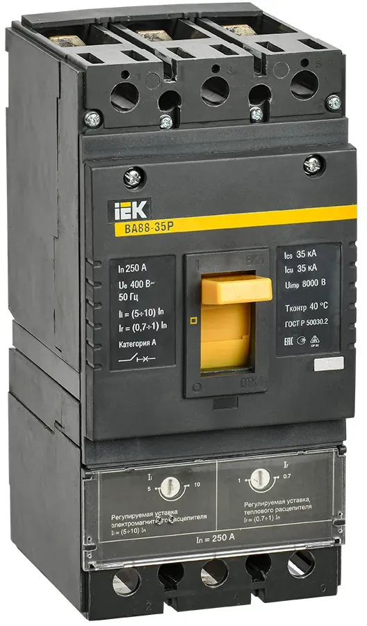 Автоматический выключатель ва88-35р 3р 250а 35ка с механической регулировкой термо-магнитного расцепителя IEK SVAR30-3-0250