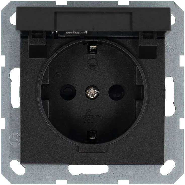 Розетка Schuko с крышкой и защитными шторками 16A 250V~ 2P+T, цвет Антрацит Jasmart G5505B