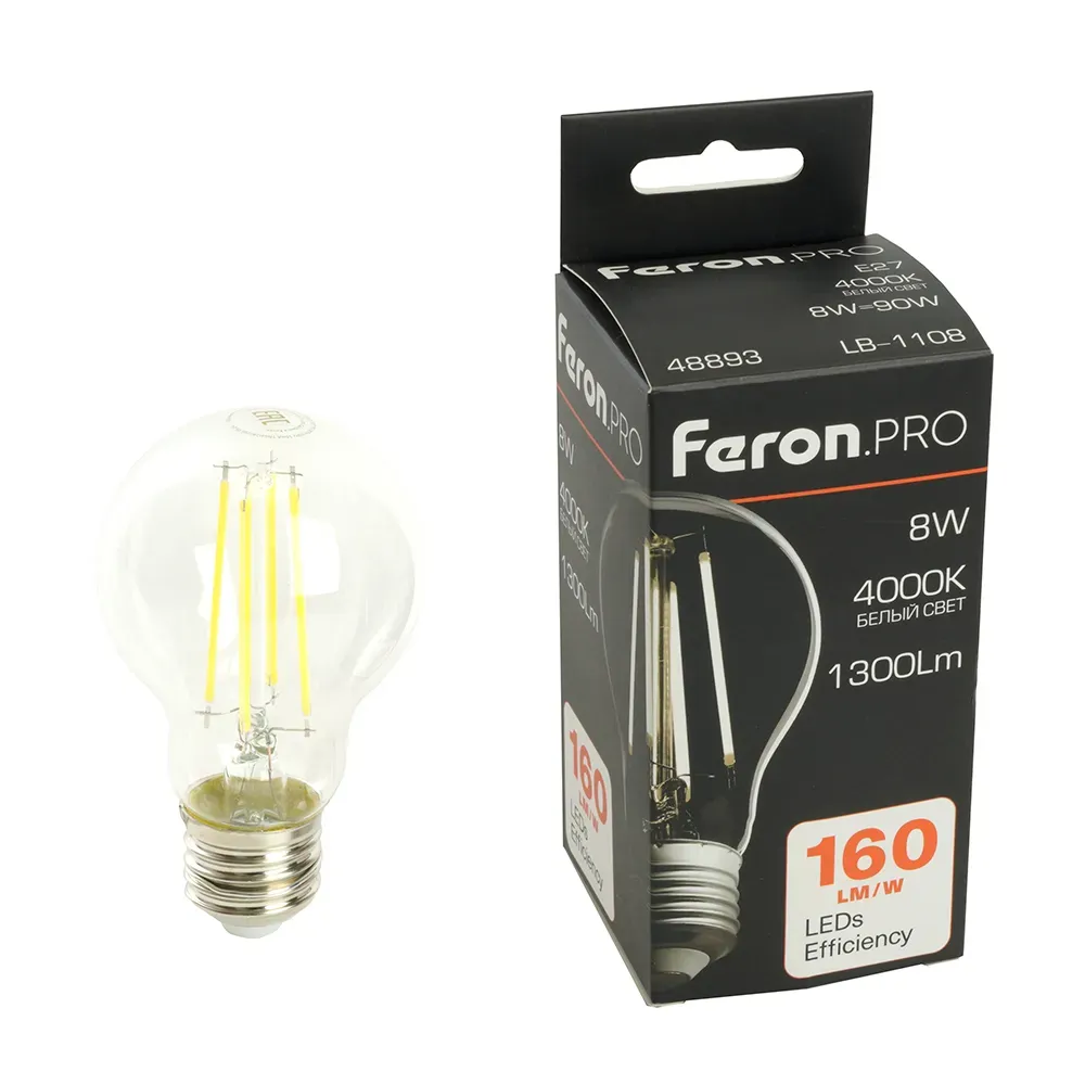 Лампа светодиодная led 8вт е27 белый filament feron.pro STEKKER 48893