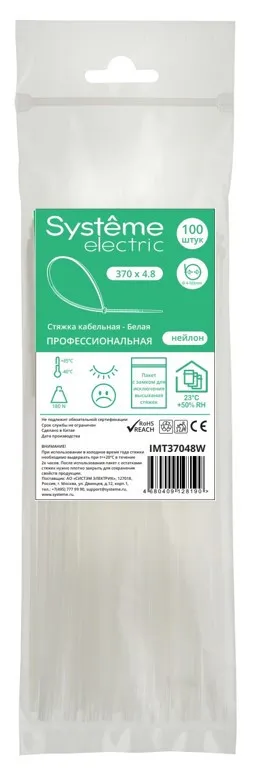 Стяжка кабельная 370х4.8 белая (100шт) DEKRAFT IMT37048W