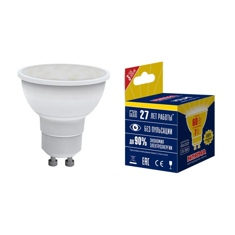 Лампа светодиодная LED-JCDR-7W/WW/GU10/NR Форма JCDR, матовая. Серия Norma. Теплый белый свет (3000K). Картон. ТМ Volpe Uniel UL-00003838