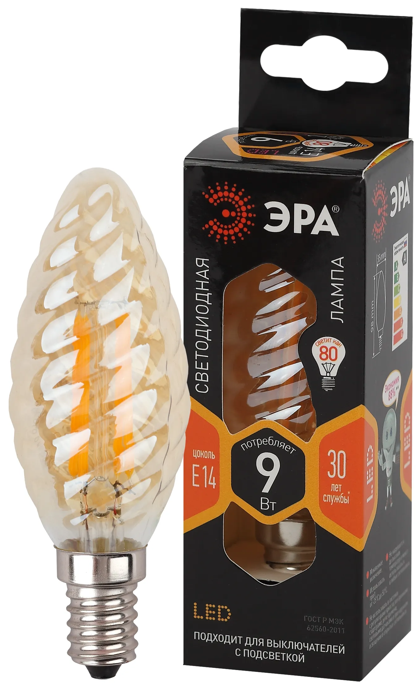 Лампа светодиодная f-led btw-9w-827-e14 gold (филамент, свеча витая золот., 9вт, тепл, e14) (10/100/5000) ЭРА Б0047011