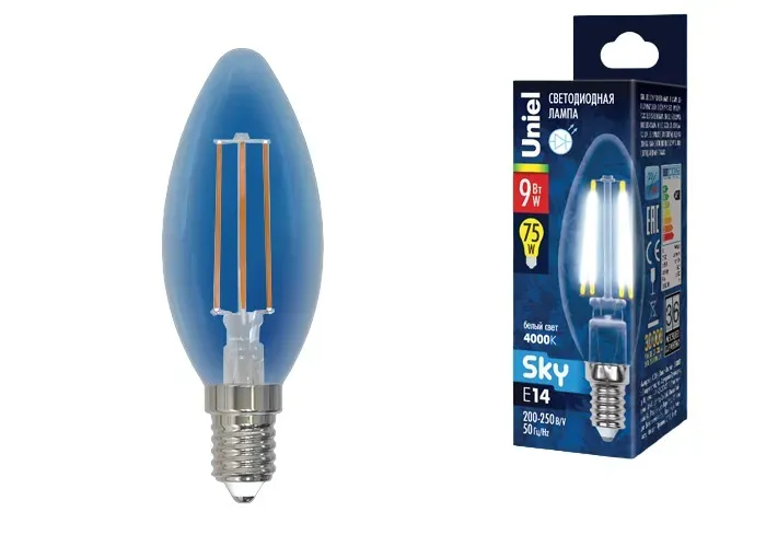 Лампа светодиодная форма свеча прозрачная  sky (4000к) led-c35-9w/4000k/e14/cl pls02wh картон UNIEL UL-00005161