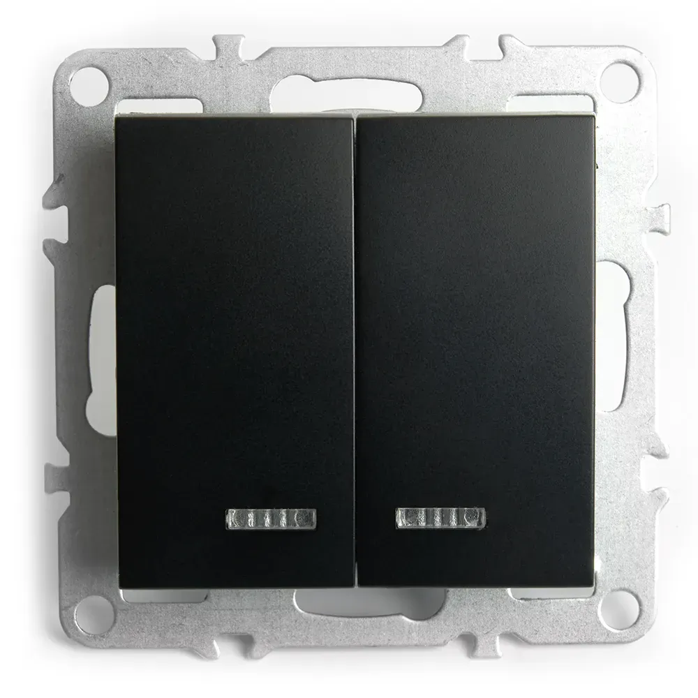 Выключатель двухклавишный c индикатором (механизм) серия Эрна черный STEKKER FERON 49147