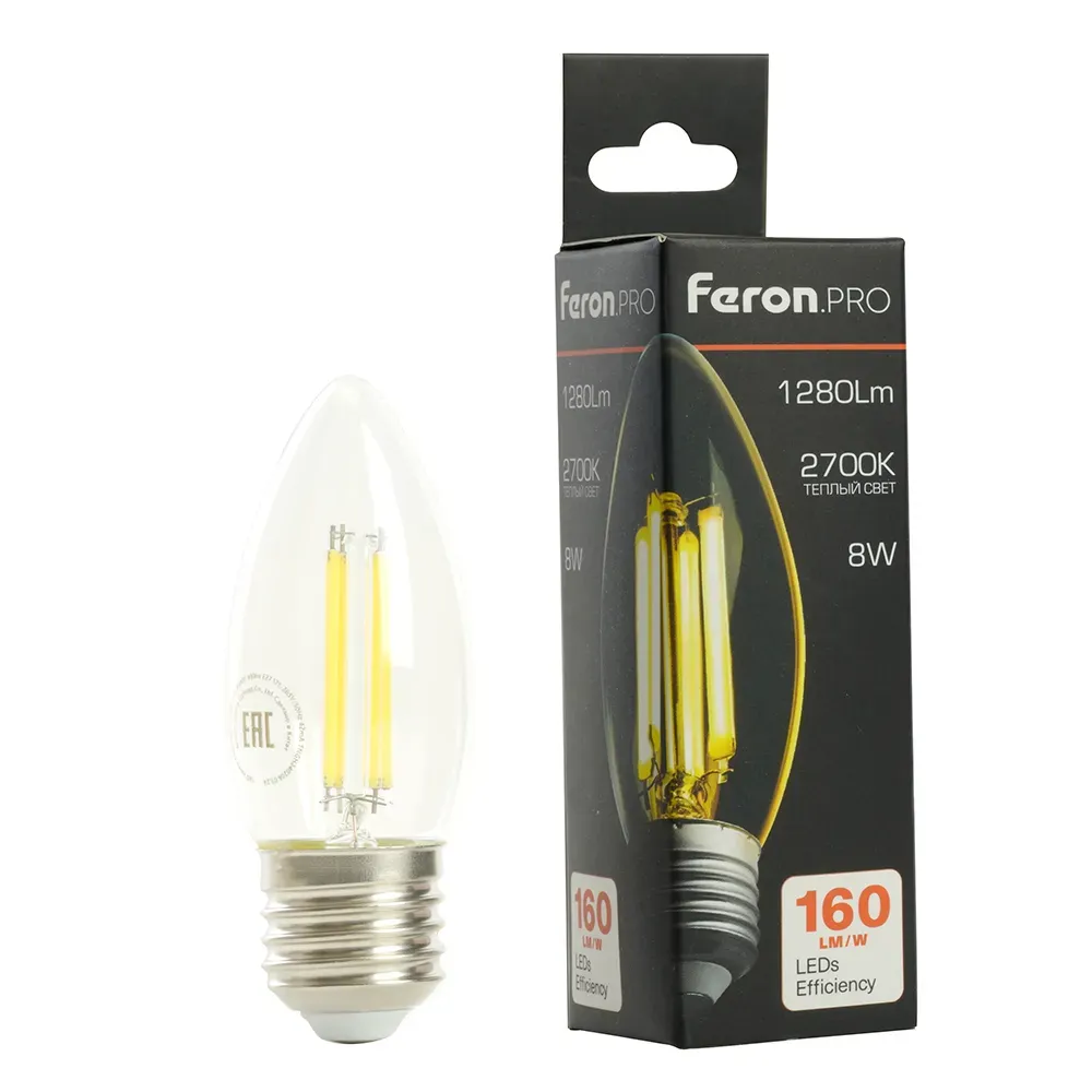 Лампа светодиодная LED 8вт Е27 теплый свеча FILAMENT Feron.PRO